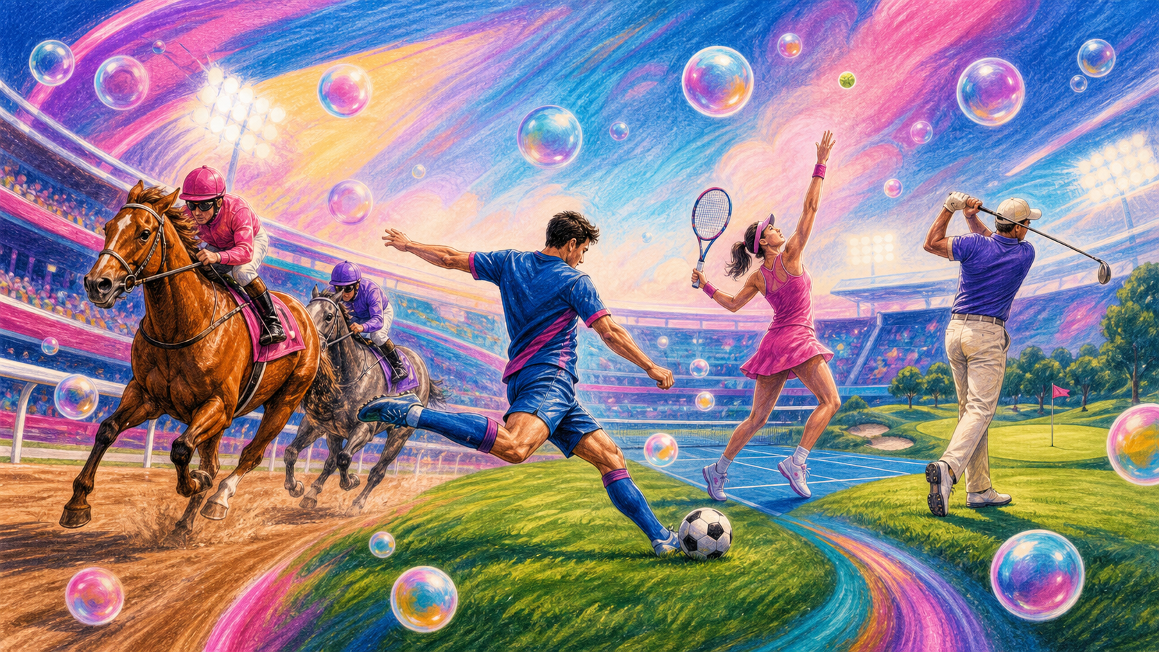 Colour-pencil illustration of horse racing, football, tennis and golf surrounded by bubbles